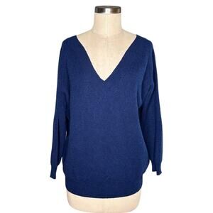 MINNIE ROSE‎ Blue Cashmere V-Neck Ribbed Knit Pullover Sweater Women's Size Med